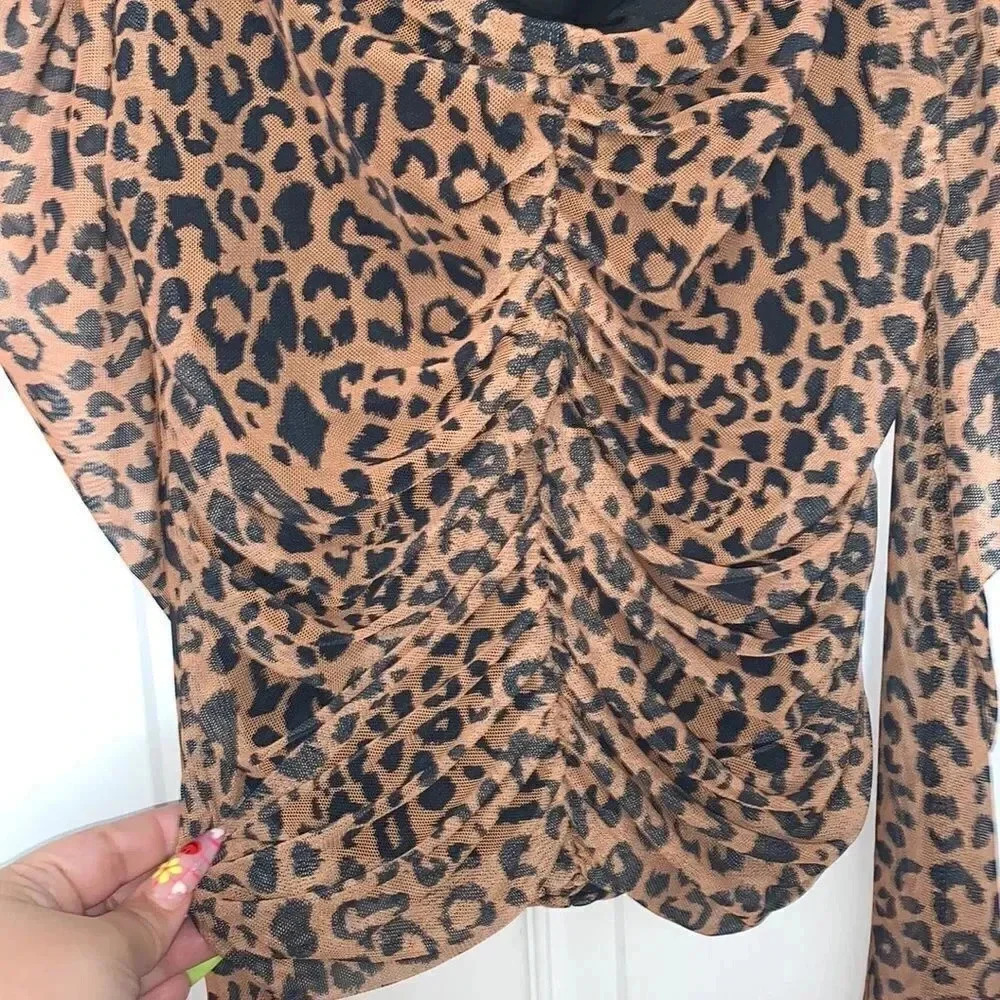 Missguided Leopard Ruched Mesh Top Black Brown Size 4 - Picture 5 of 7